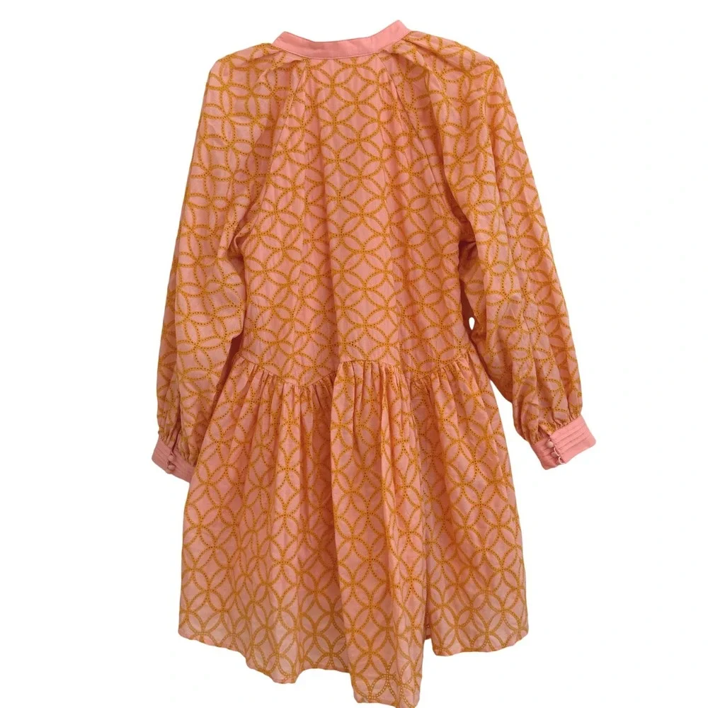 Aox Women Peach Orange Geometric Mini Dress Long Sleeve Pleated Bib Size M NWOT - Picture 5 of 11